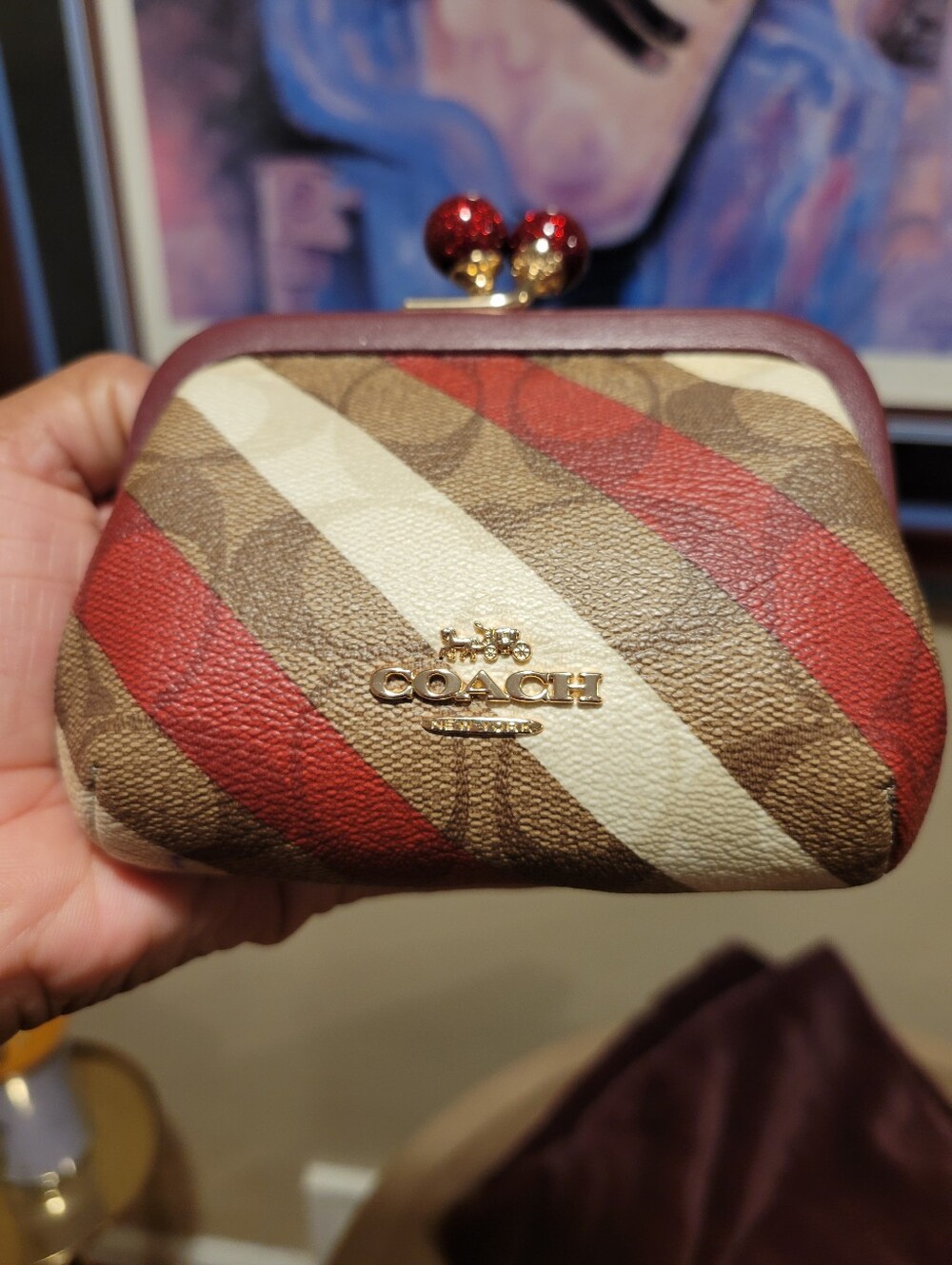 Coach Diagonal Stripe Crossbody and Coin Purse Set in Red/Brown - Picture 8 of 8